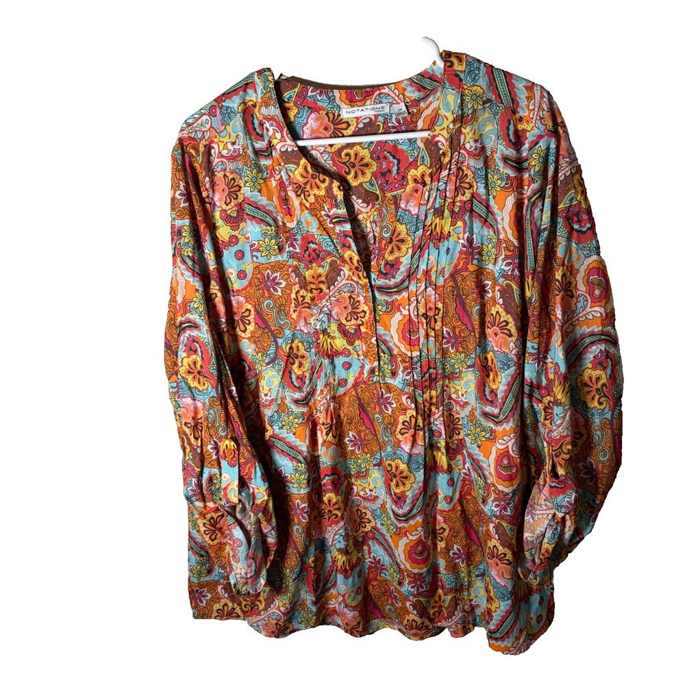 Notations Blouse Women's 2X Orange Floral V-Neck Pleated 3/4 Sleeve Top